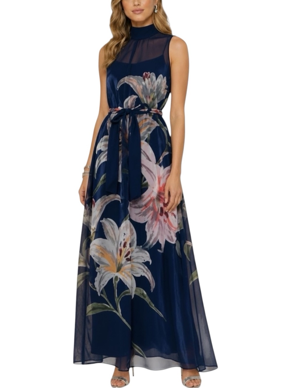 NWT JULIA JORDAN Blue Floral Tie Waist Keyhole Back Tie Organza Dress Size 4